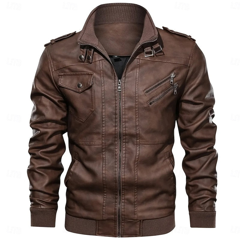 Men's Biker Jacket PU Leather Brown – Casual, Motorcycle