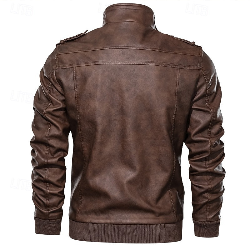 Men's Biker Jacket PU Leather Brown – Casual, Motorcycle