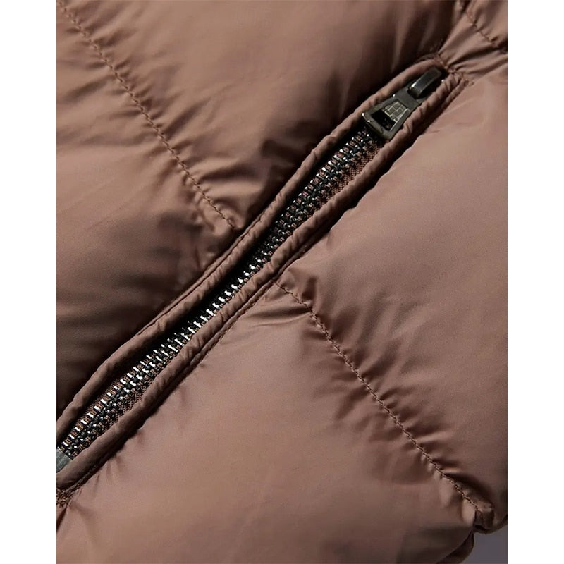 Men's Puffer Jacket Brown Faux Fur Collar – Casual, Holiday Gift