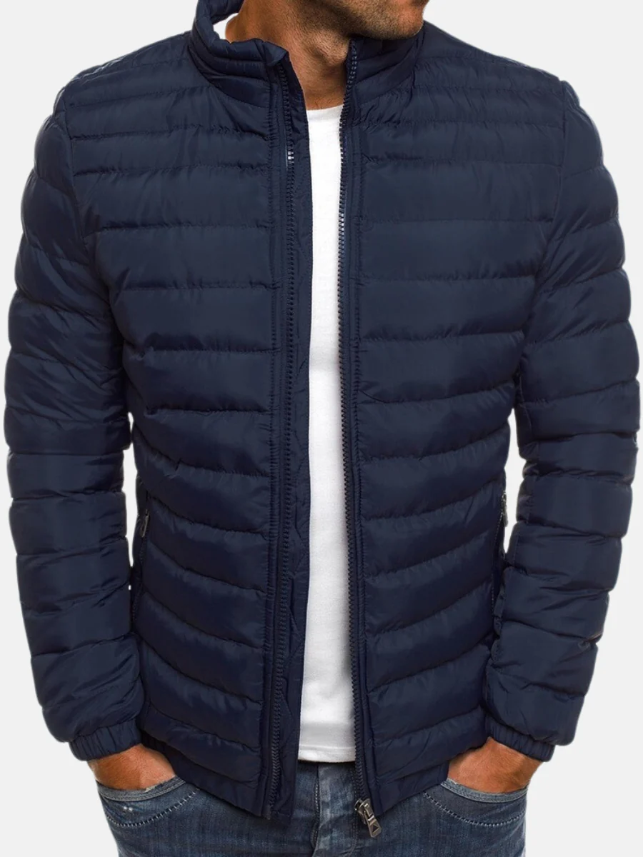 Men's Puffer Jacket Black Full Zip Stand Collar – Casual, Winter Outdoor