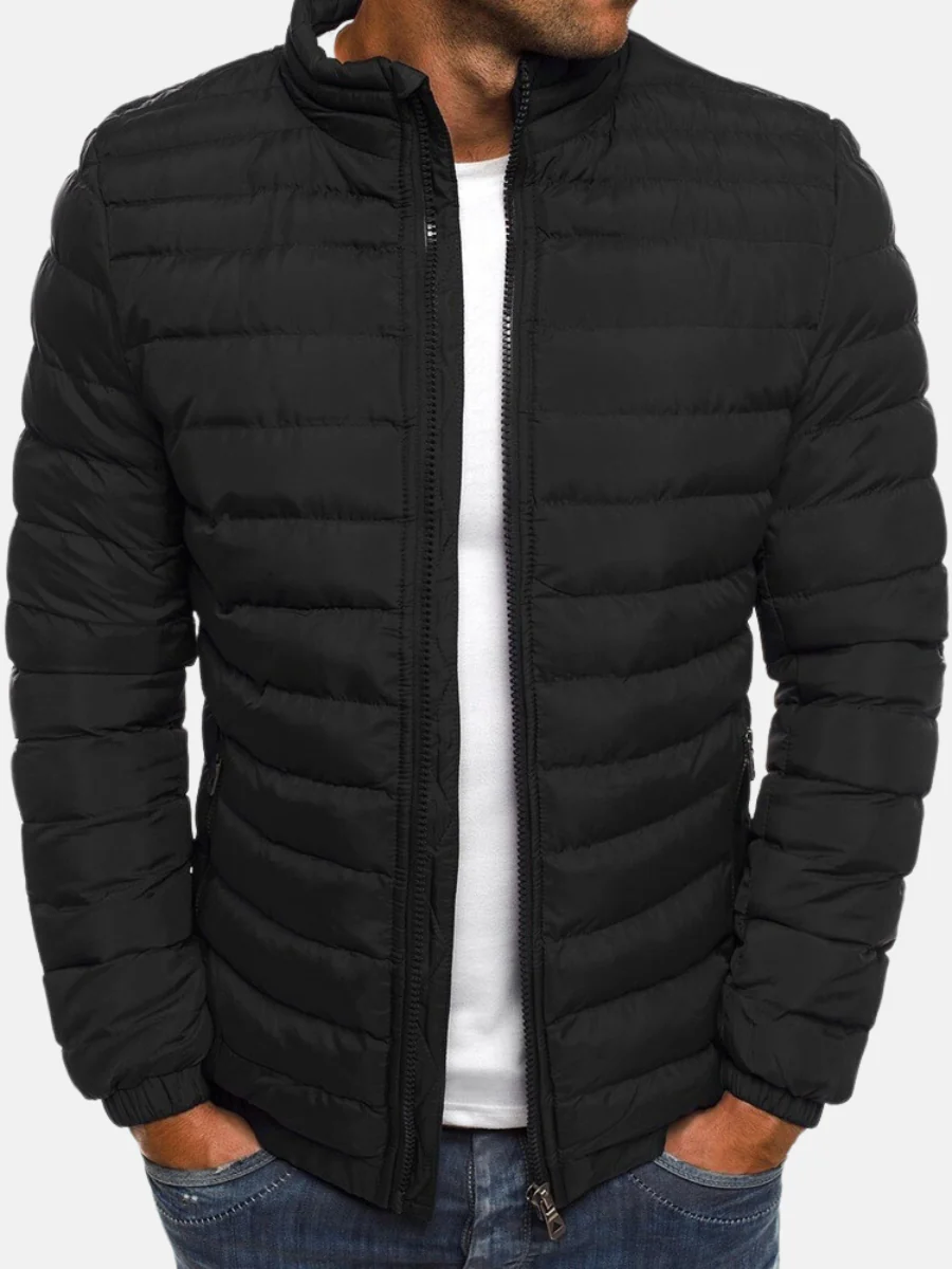 Men's Puffer Jacket Black Full Zip Stand Collar – Casual, Winter Outdoor