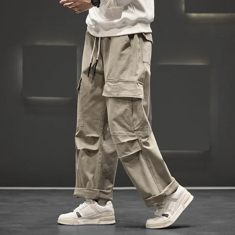 Men's Wide-Leg Cargo Pants with Drawstring Waist – Casual Wear, Outdoor Activities