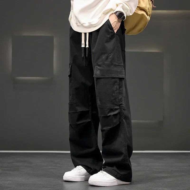 Men's Wide-Leg Cargo Pants with Drawstring Waist – Casual Wear, Outdoor Activities