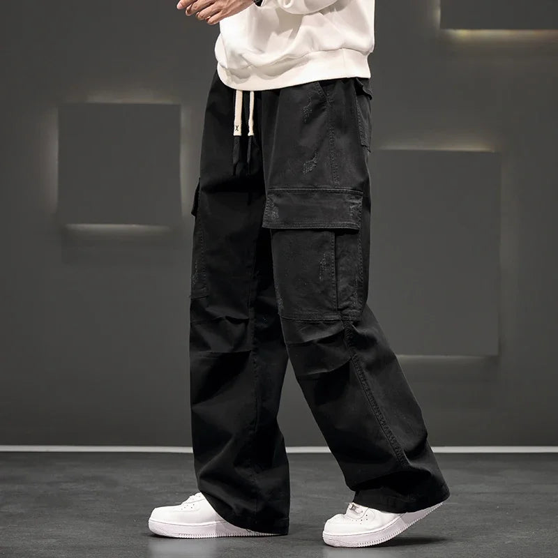 Men's Wide-Leg Cargo Pants with Drawstring Waist – Casual Wear, Outdoor Activities