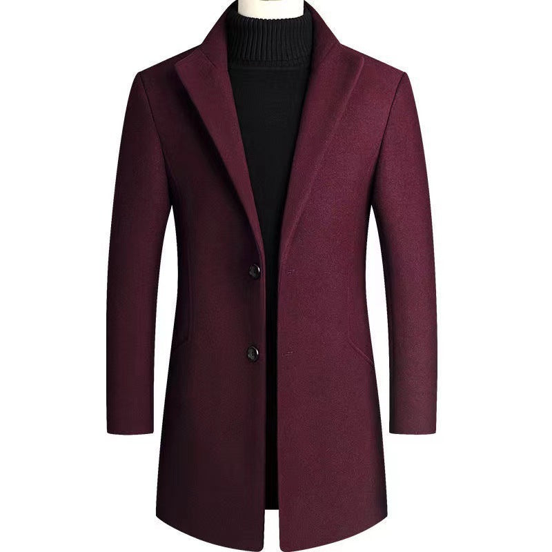 Men's Wool Blend Overcoat Black Two-Button Long Trench Coat – Office, Casual