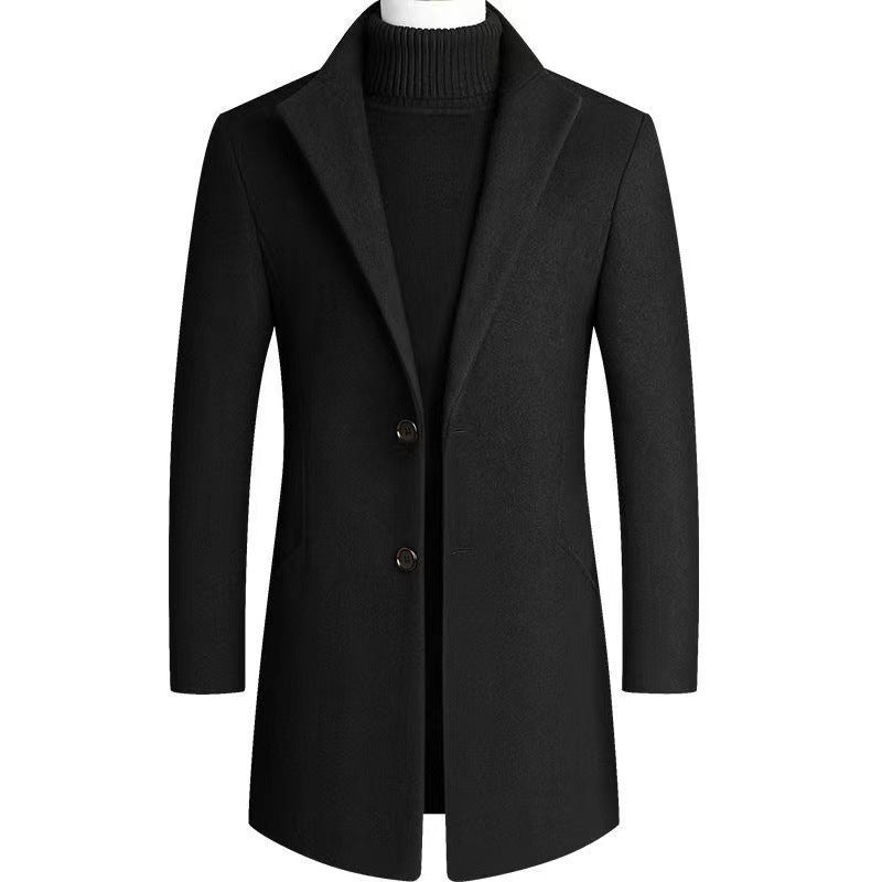 Men's Wool Blend Overcoat Black Two-Button Long Trench Coat – Office, Casual