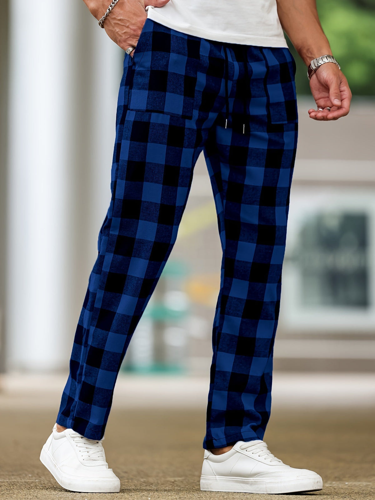 Men's Plaid Lounge Pants Black White Drawstring Relaxed Fit – Casual, Everyday Wear