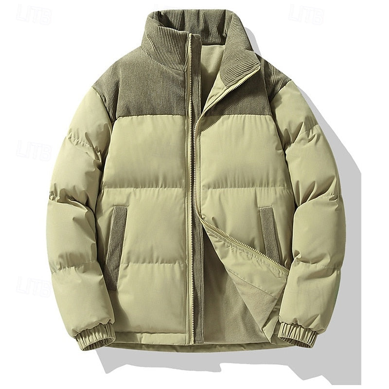 Puffer Jacket Men's Insulated Corduroy Trim Zip-Up Coat – Casual, Winter Warmth