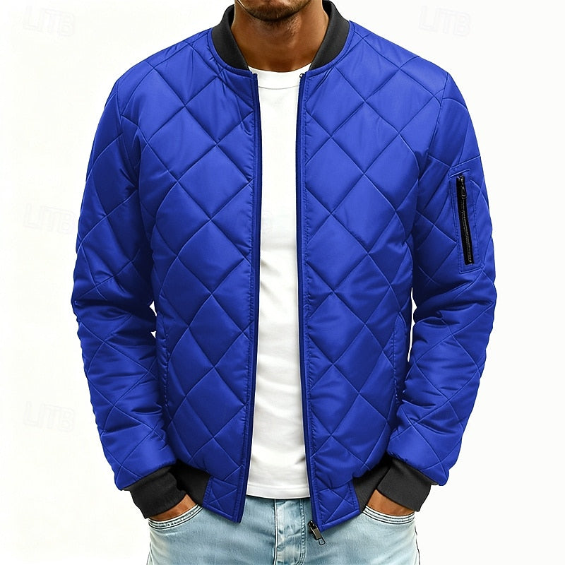 Quilted Bomber Jacket Men's Green Padded Zip-Up Coat – Casual, Winter Outdoor