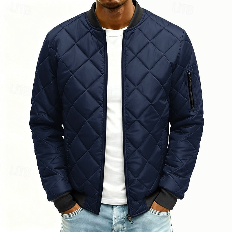 Quilted Bomber Jacket Men's Green Padded Zip-Up Coat – Casual, Winter Outdoor