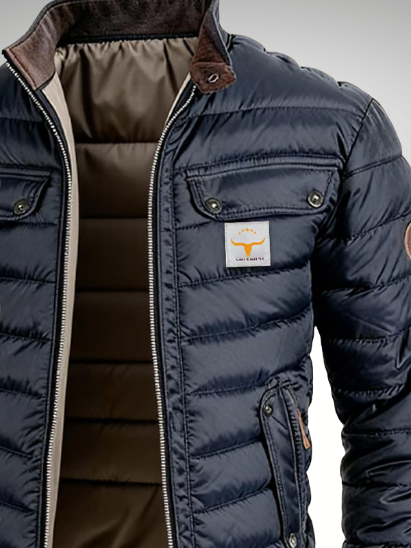Navy Quilted Bomber Jacket Men's Stand Collar Zip-Up – Casual, Winter, Gift