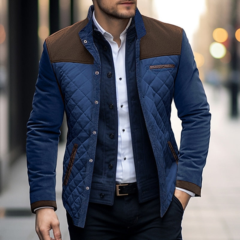 Quilted Jacket Men's Color Block Stand Collar – Casual, Office Wear