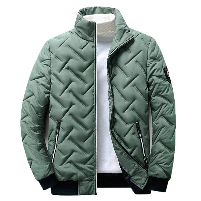 Quilted Jacket Men's Black Stand-Collar Zip-Up Padded Coat – Casual, Winter Outerwear