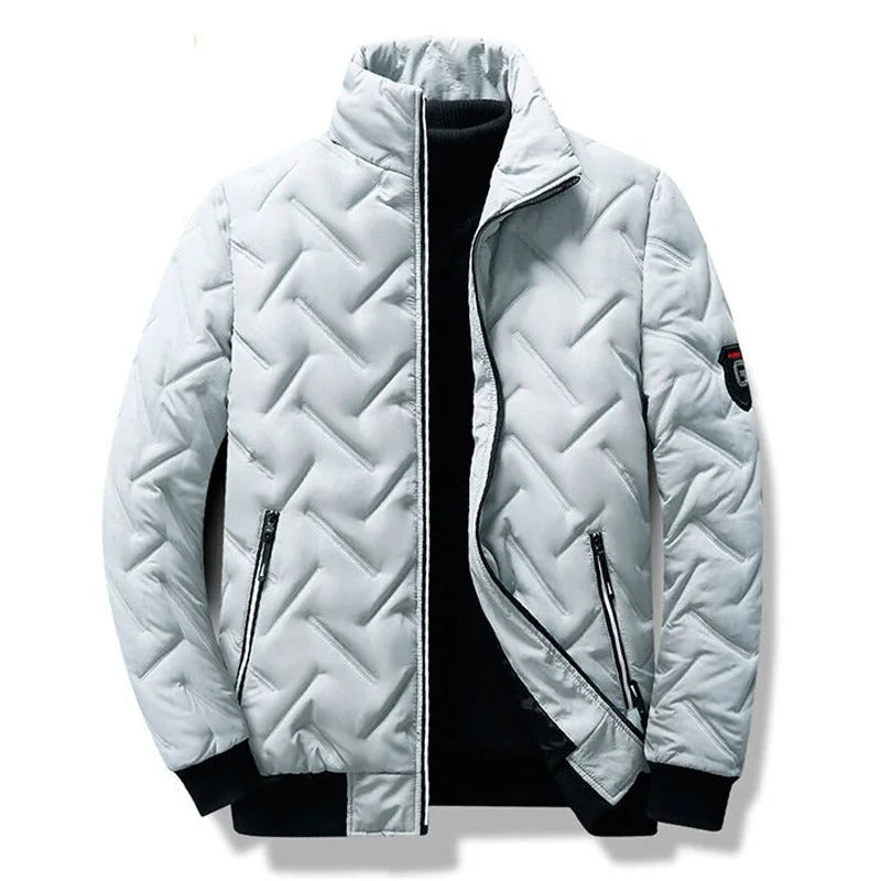 Quilted Jacket Men's Black Stand-Collar Zip-Up Padded Coat – Casual, Winter Outerwear