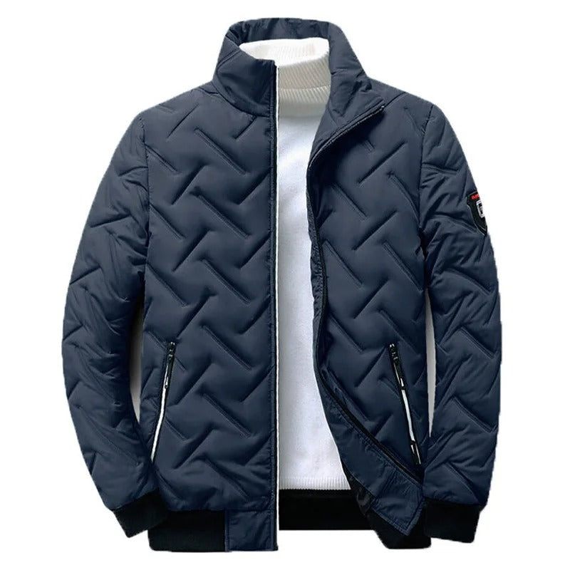Quilted Jacket Men's Black Stand-Collar Zip-Up Padded Coat – Casual, Winter Outerwear