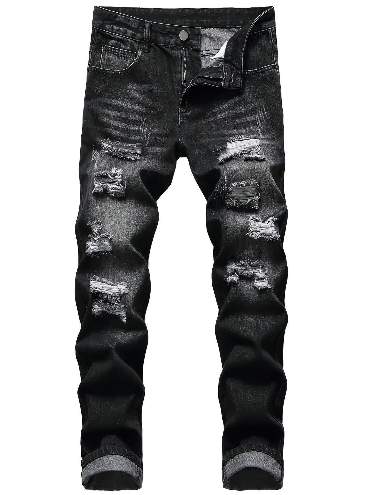Ripped Straight-Leg Jeans Men's Distressed Black Denim – Casual, Streetwear