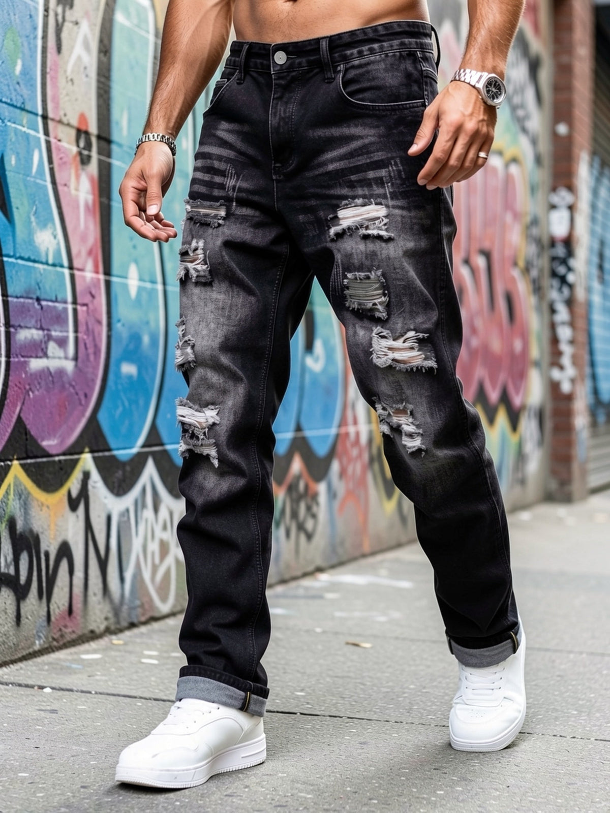 Ripped Straight-Leg Jeans Men's Distressed Black Denim – Casual, Streetwear