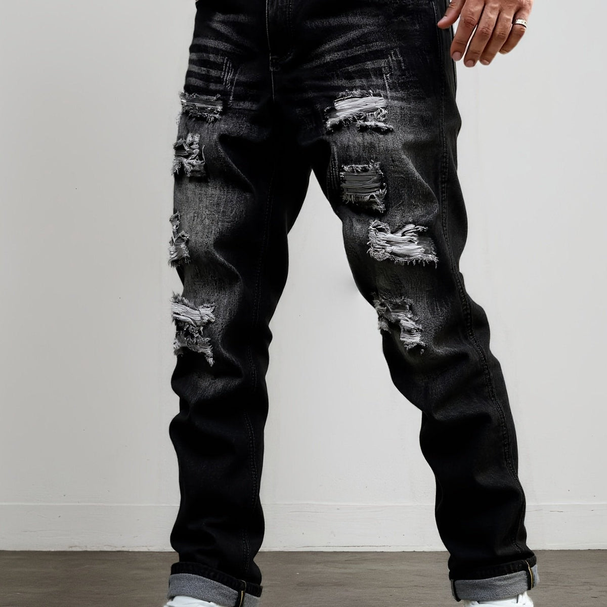 Ripped Straight-Leg Jeans Men's Distressed Black Denim – Casual, Streetwear