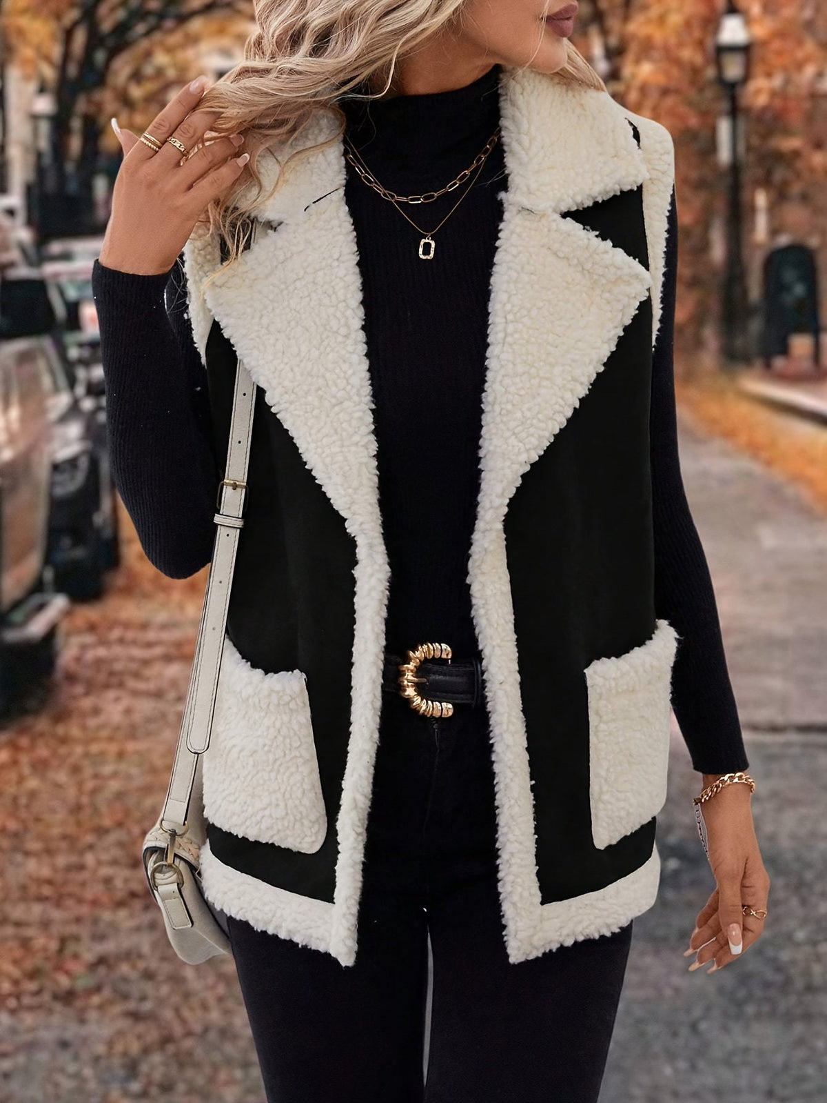 Women's Sherpa Fleece Vest with Faux Suede Lapel – Casual Layering, Winter Wear