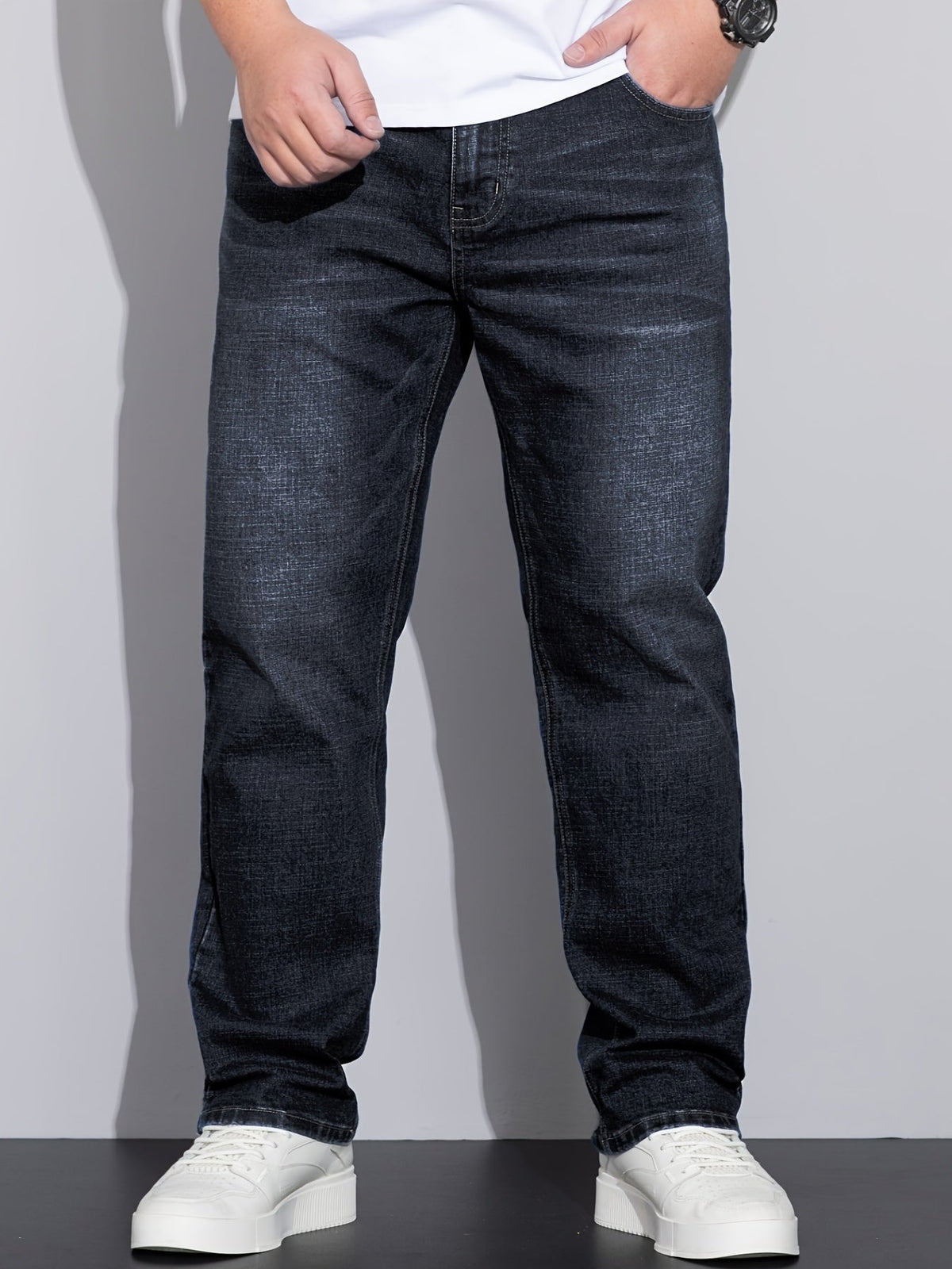 Straight-Leg Denim Jeans Men's Blue Washed Stretch – Casual, Office