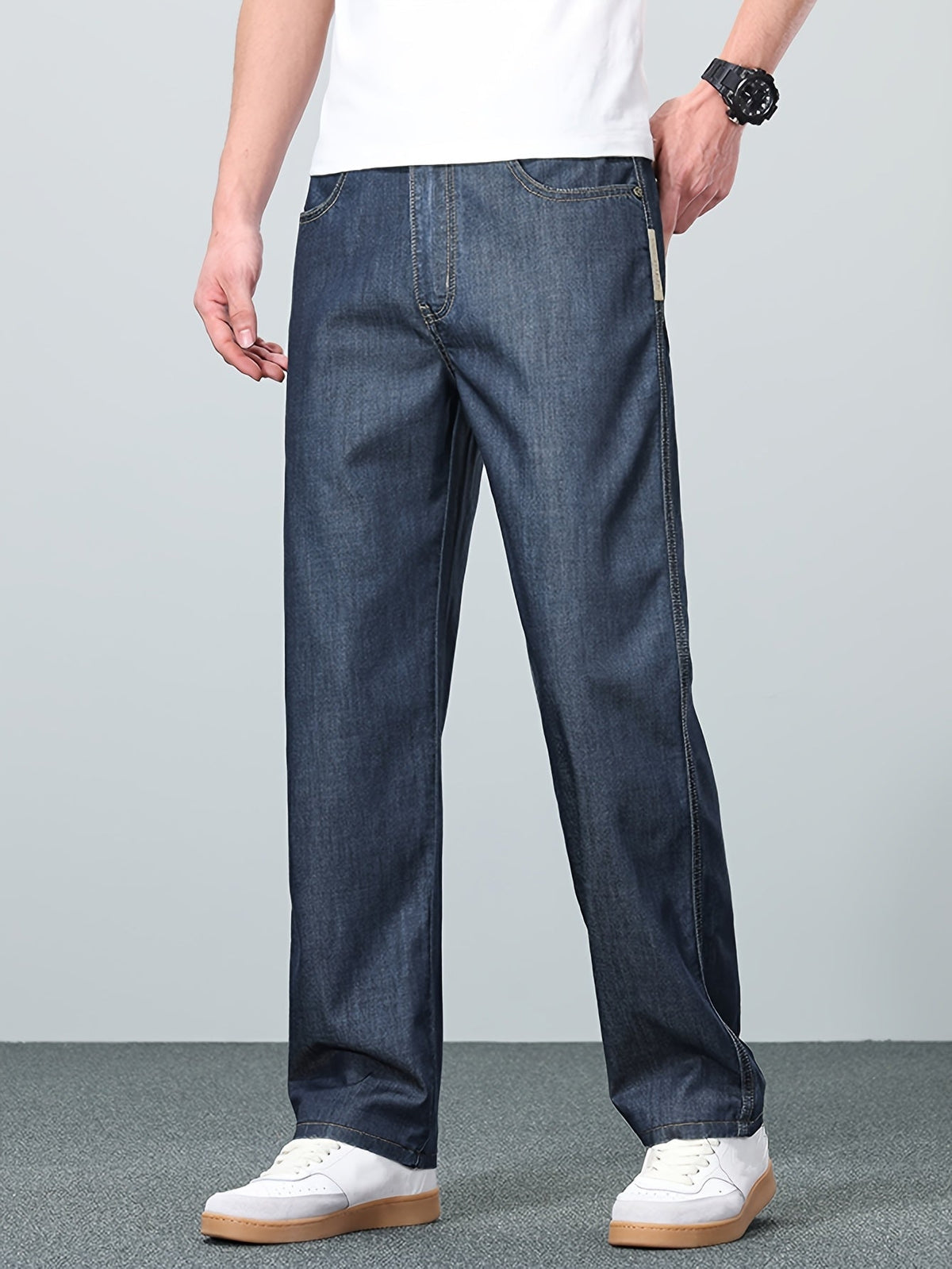 Straight-Leg Jeans Men's Relaxed Fit Denim Blue Mid-Rise – Casual, Office