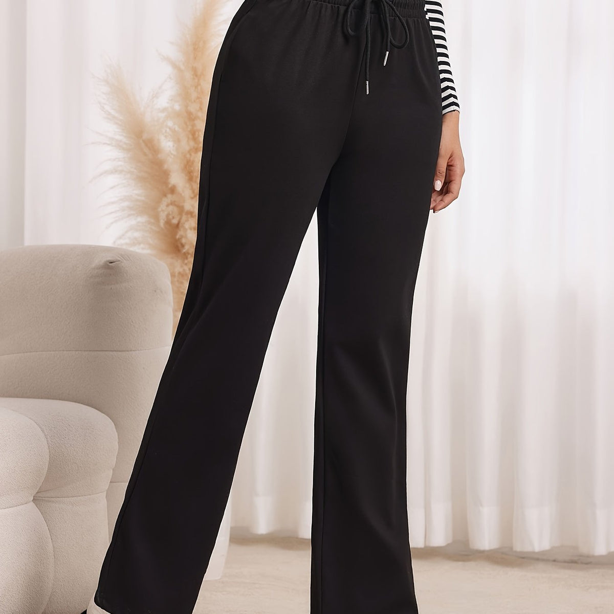 Straight-Leg Sweatpants Women's Gray High Waist Drawstring – Casual, Loungewear