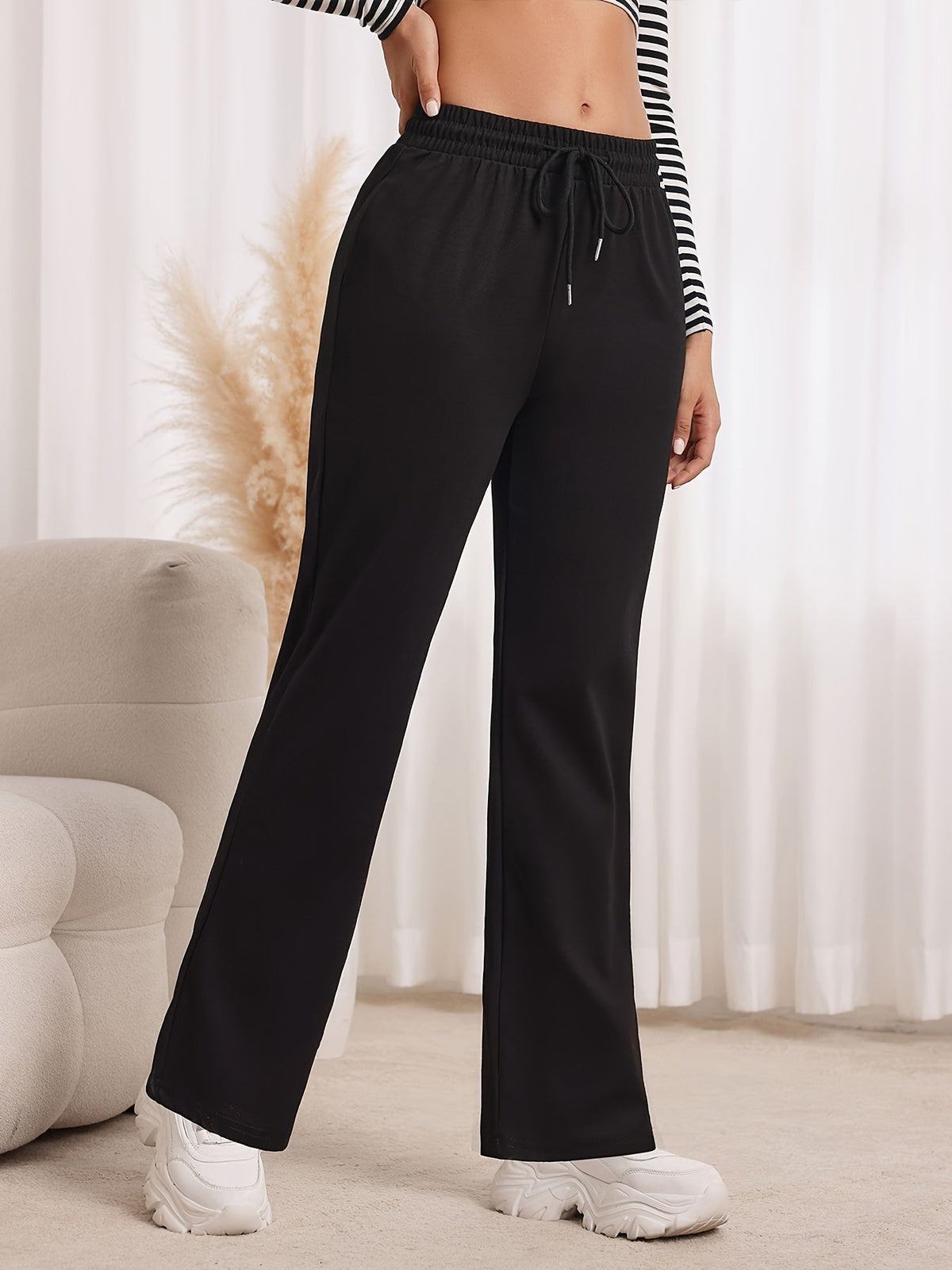Straight-Leg Sweatpants Women's Gray High Waist Drawstring – Casual, Loungewear