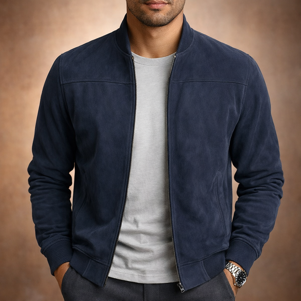 Men's Brown Bomber Jacket Zip-Up Stand Collar – Office, Holiday