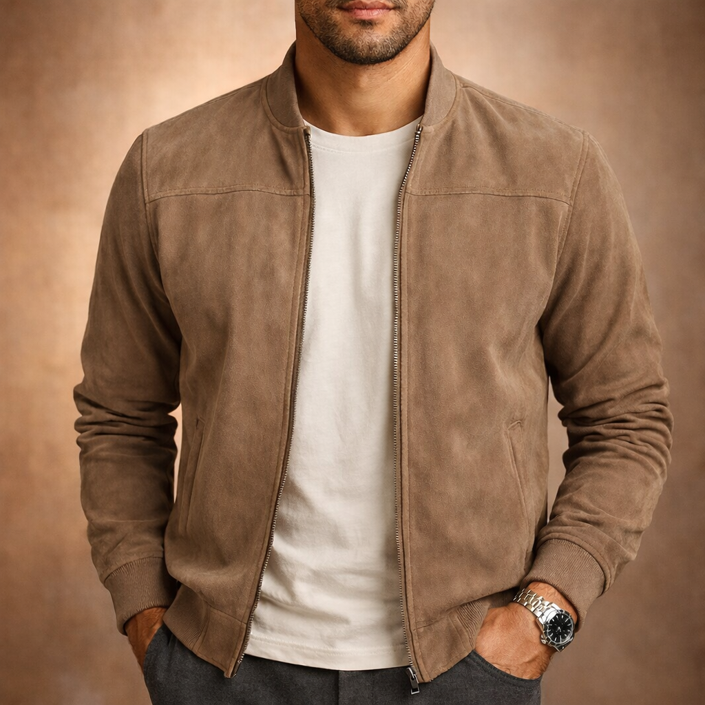 Men's Brown Bomber Jacket Zip-Up Stand Collar – Office, Holiday