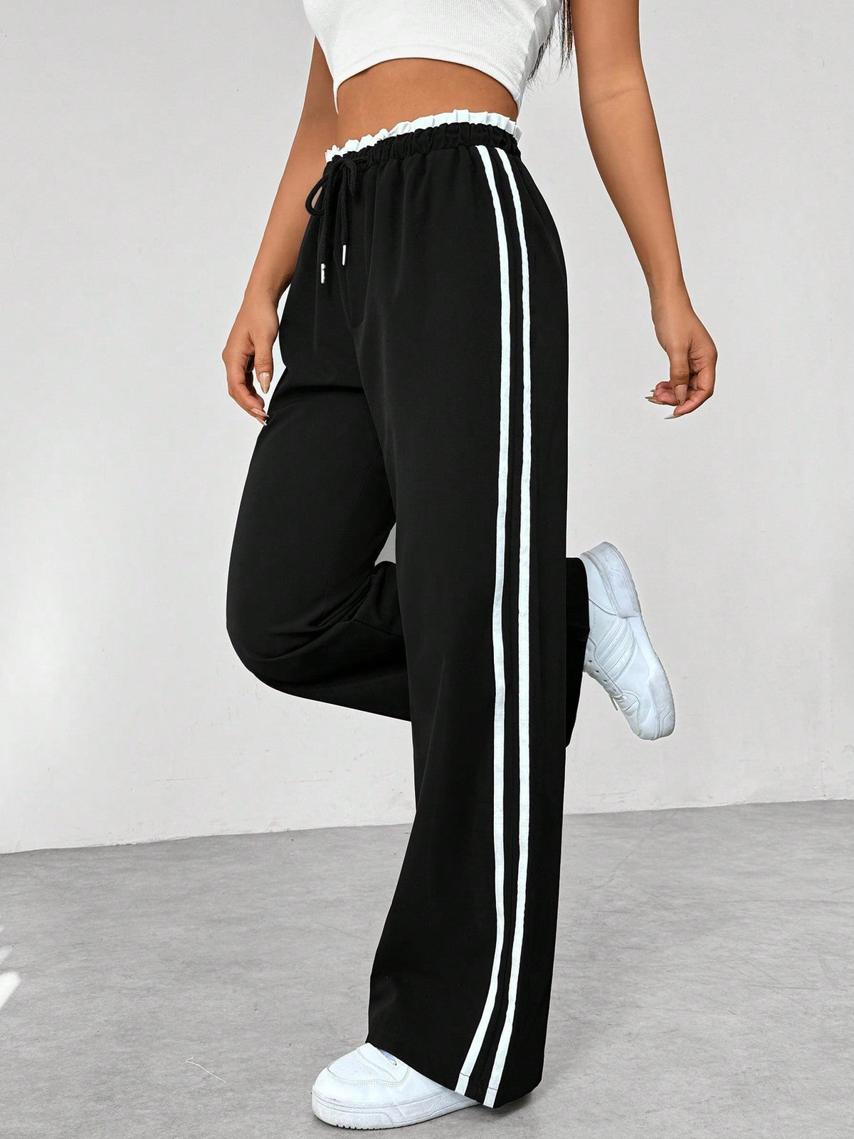 Wide Leg Pants Women's Blue Drawstring High Waist with Pockets – Casual, Office