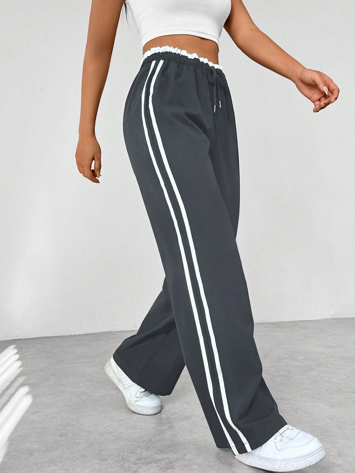Wide Leg Pants Women's Blue Drawstring High Waist with Pockets – Casual, Office