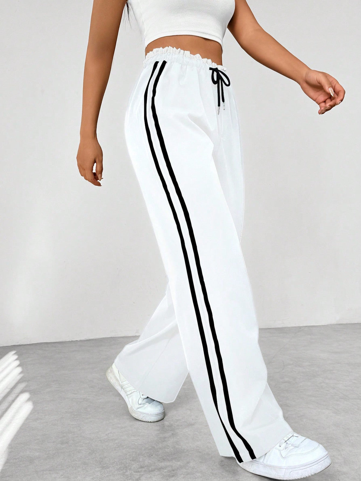 Wide Leg Pants Women's Blue Drawstring High Waist with Pockets – Casual, Office