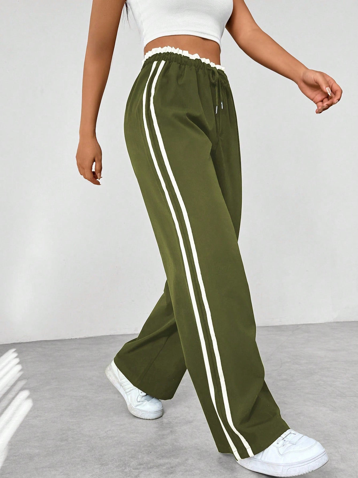 Wide Leg Pants Women's Blue Drawstring High Waist with Pockets – Casual, Office