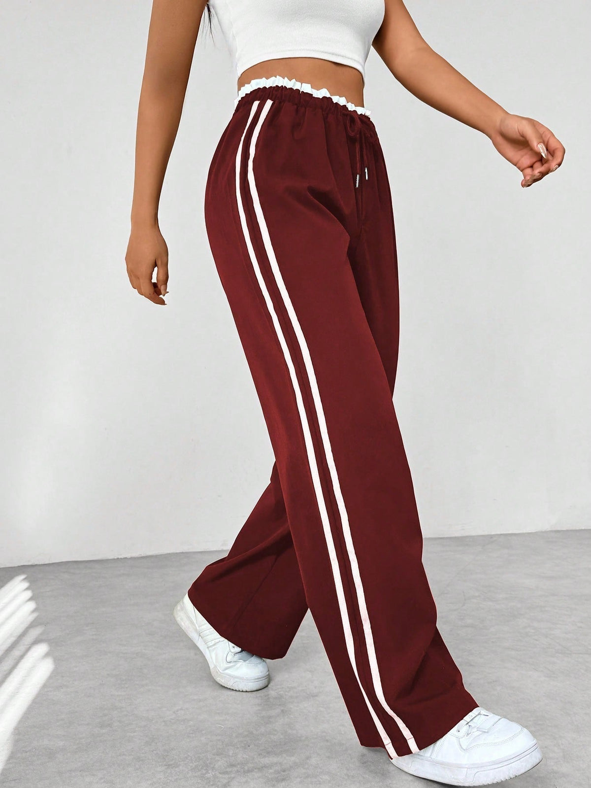 Wide Leg Pants Women's Blue Drawstring High Waist with Pockets – Casual, Office