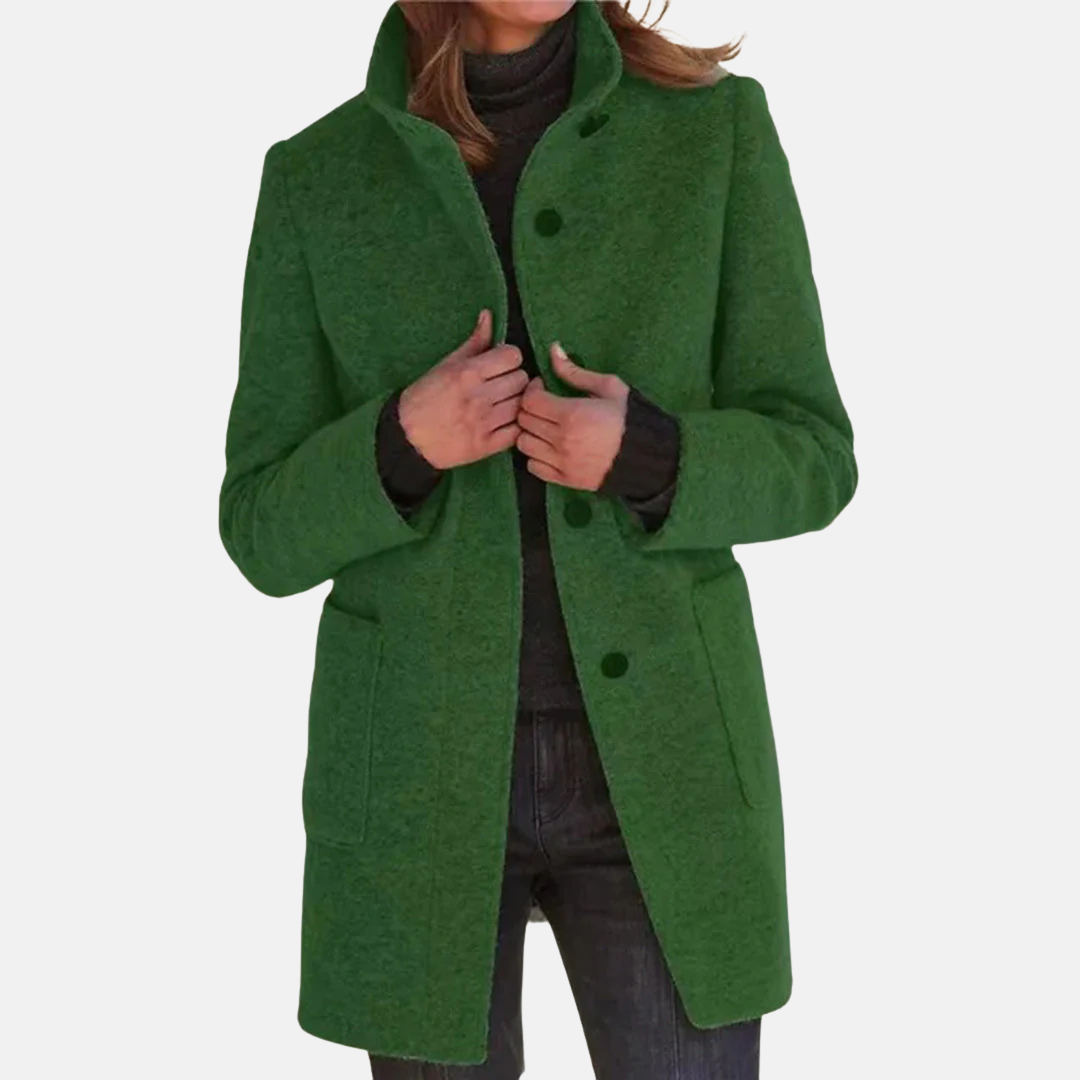 Women's Mid-Length Button-Front Coat with Stand Collar Blue – Casual, Office