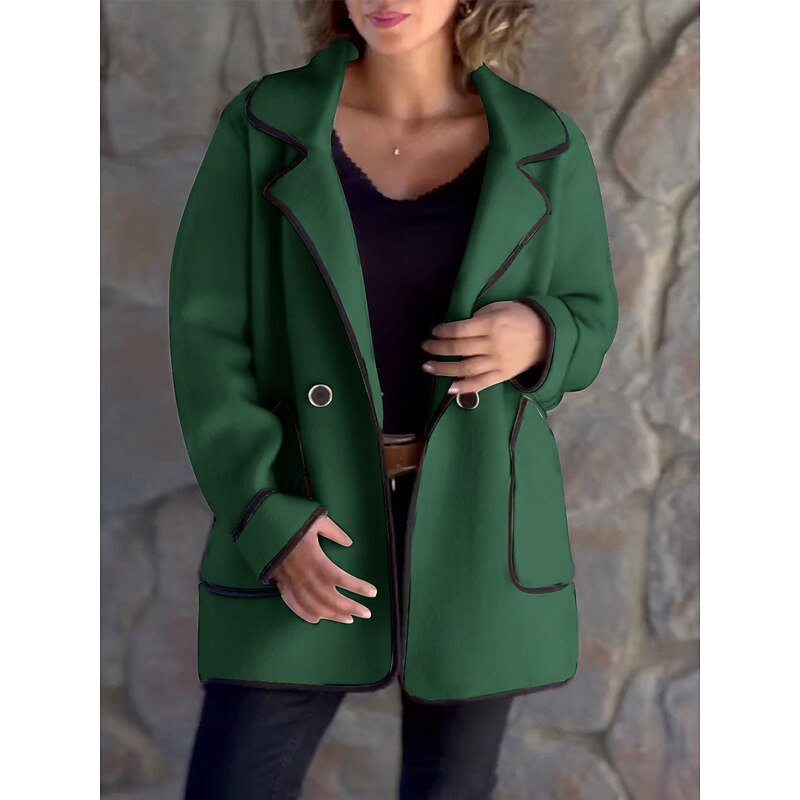 Women's Lapel Coat Green Loose Fit Long Sleeve Jacket – Casual, Office