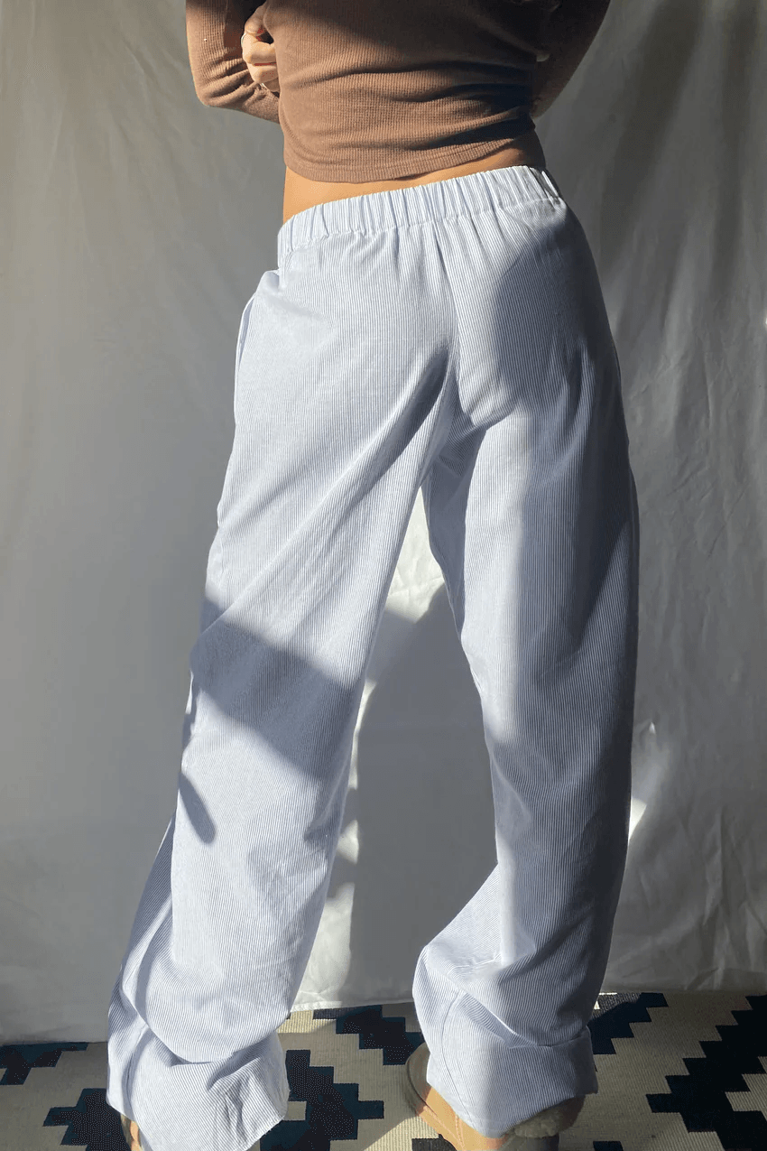 Wide Leg Pants Light Blue Striped Elastic Waist with Side Pockets – Casual, Office