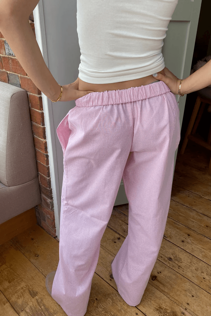 Wide Leg Pants Light Blue Striped Elastic Waist with Side Pockets – Casual, Office