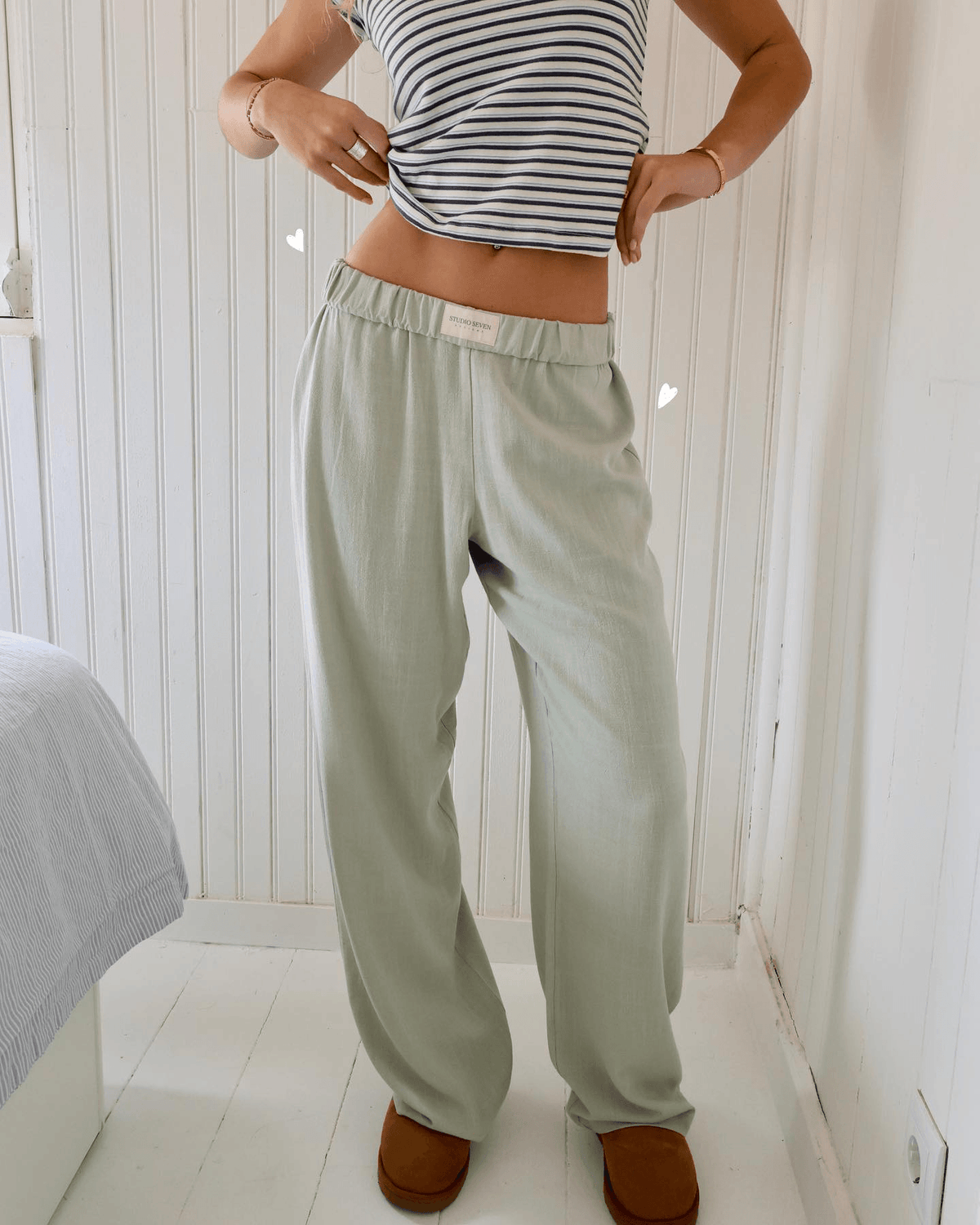 Wide Leg Pants Light Blue Striped Elastic Waist with Side Pockets – Casual, Office