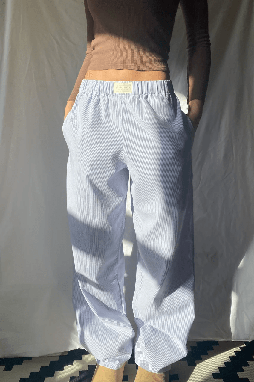 Wide Leg Pants Light Blue Striped Elastic Waist with Side Pockets – Casual, Office