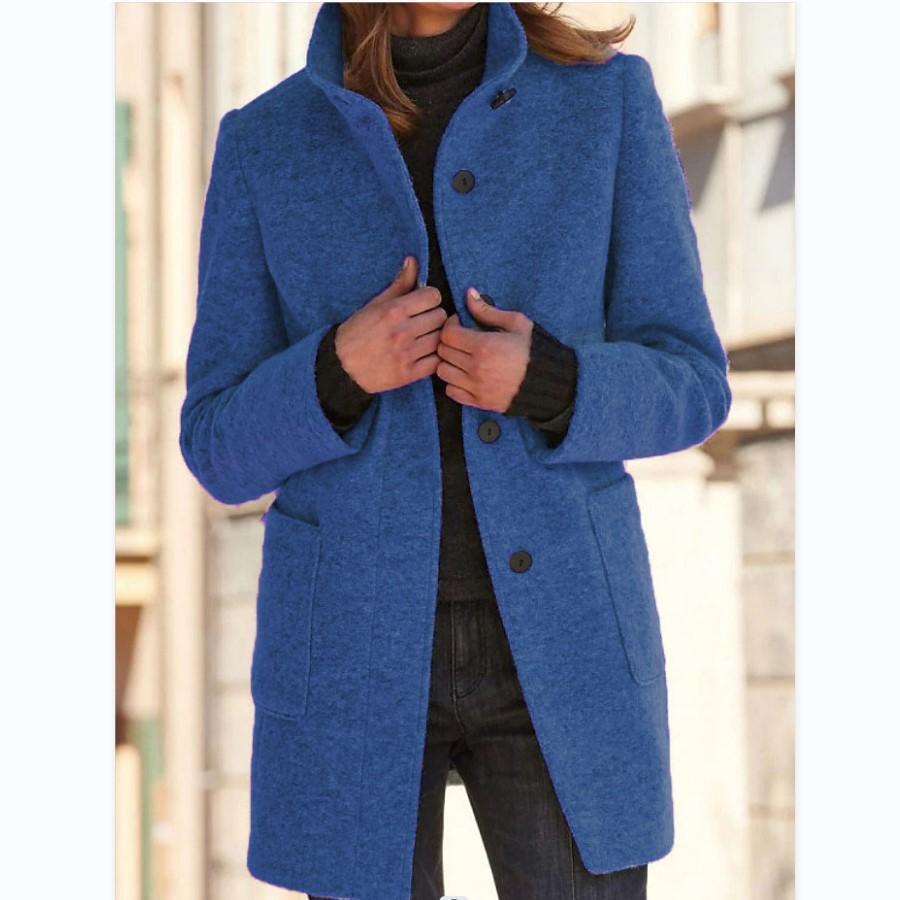 Wool Blend Coat Women's Gray Stand Collar Button Front Long Jacket – Casual, Office