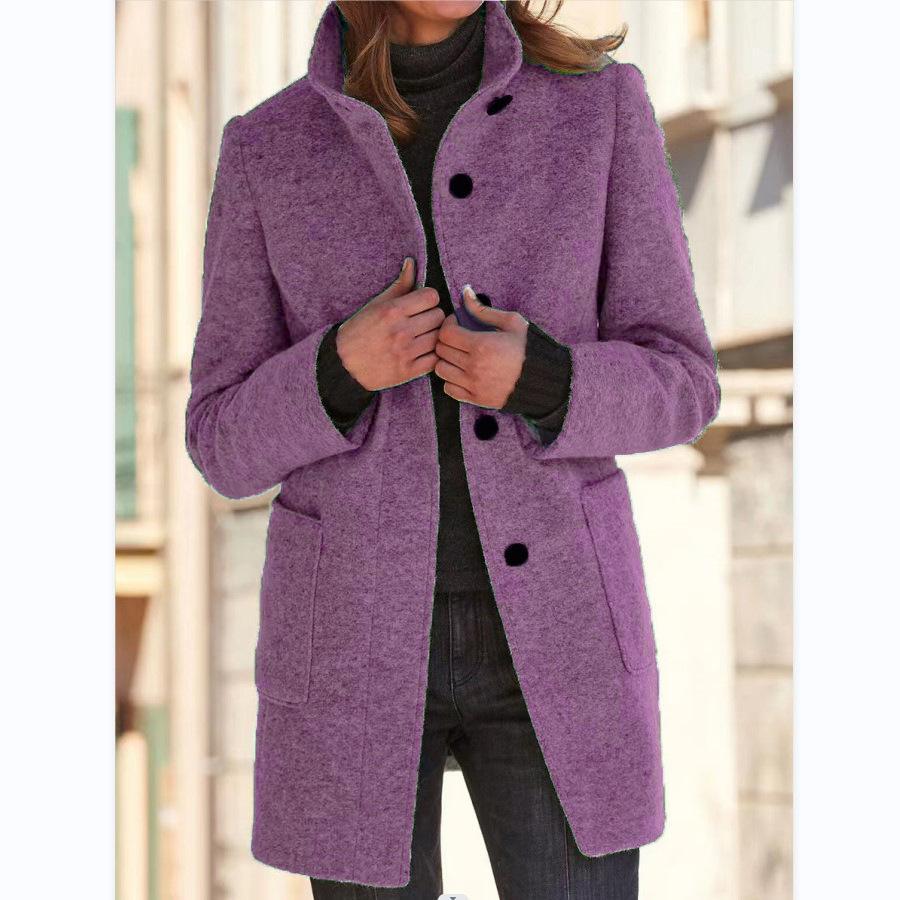 Wool Blend Coat Women's Gray Stand Collar Button Front Long Jacket – Casual, Office