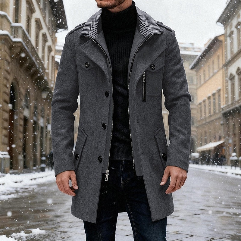 Grauer Wollmischung Trenchcoat für Herren, Einreiher, Mid-Length – Casual, Büro