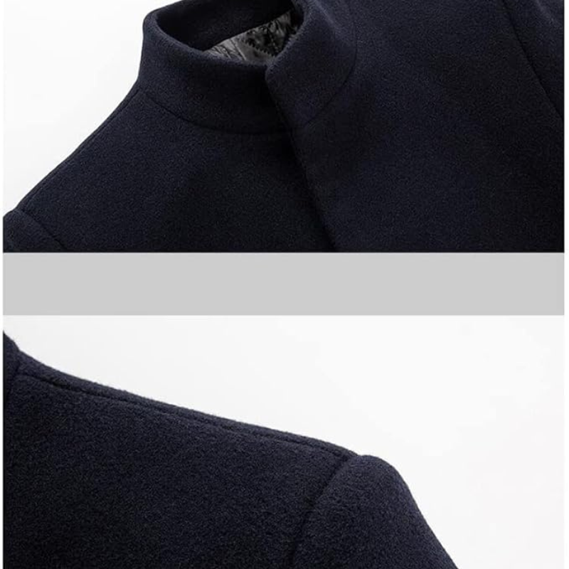 Navy Wool Blend Trench Coat Men's Single-Breasted Stand Collar – Office, Casual