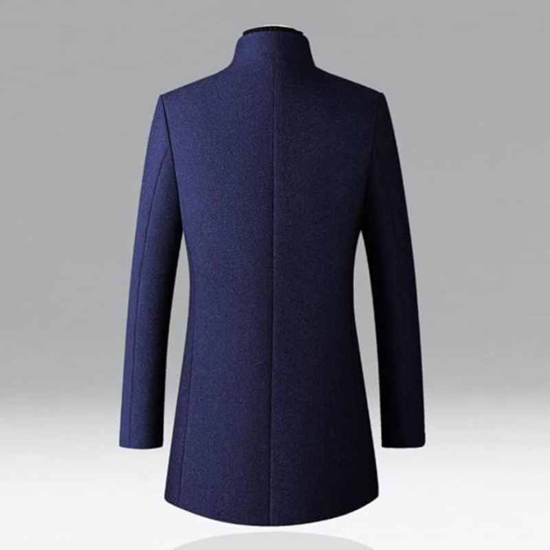 Navy Wool Blend Trench Coat Men's Single-Breasted Stand Collar – Office, Casual