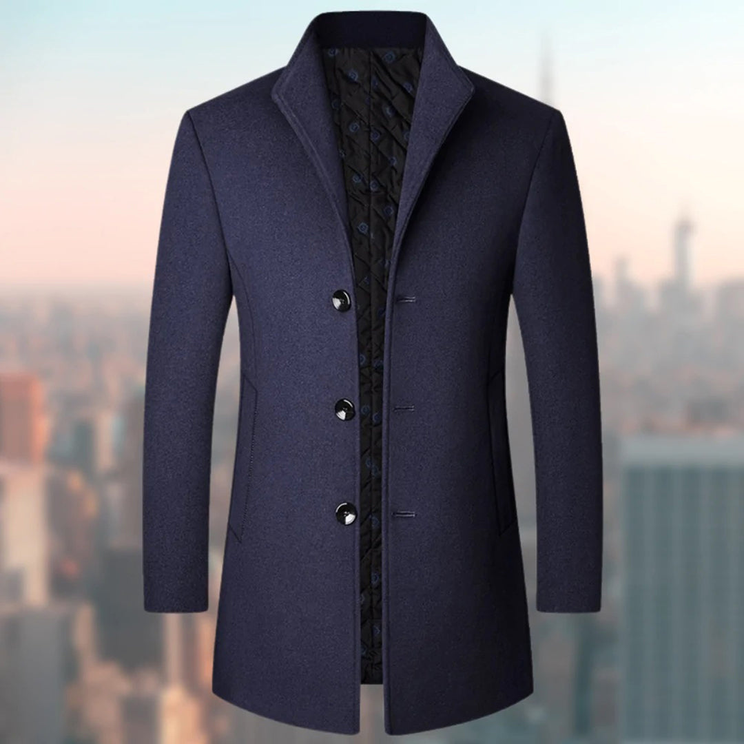 Navy Wool Blend Trench Coat Men's Single-Breasted Stand Collar – Office, Casual