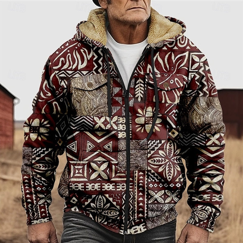 Men's Fleece Lined Zip Hooded Jacket Aztec Print – Casual Winter Outerwear, Gift