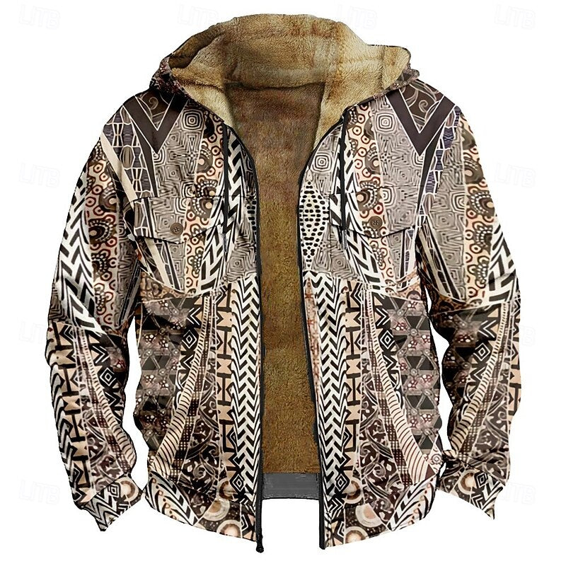 Men's Fleece Lined Zip Hooded Jacket Aztec Print – Casual Winter Outerwear, Gift