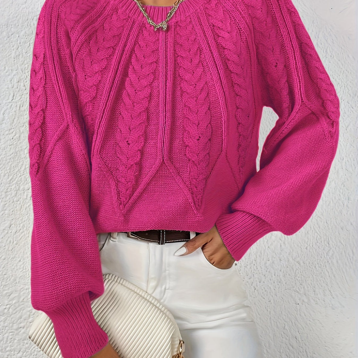 Women's Cropped Jumper with Cable-Knit Design and Ribbed Crew Neck – Casual, Everyday Wear