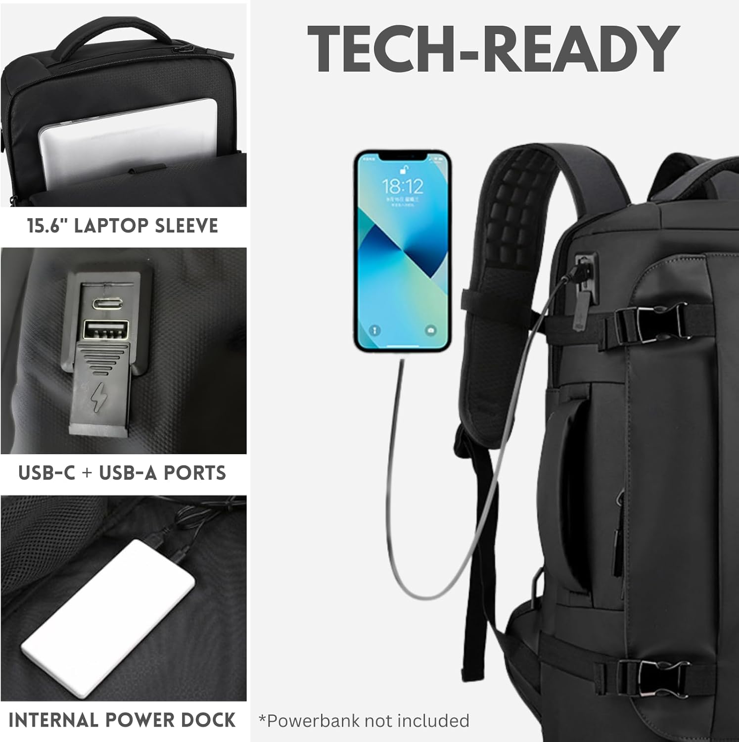 15” Waterproof Laptop Backpack with USB-C Port – Travel, Home Office